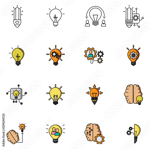 Set of vector icons representing an idea like light bulbs and brain with white background