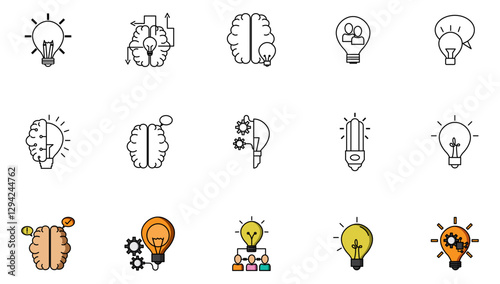 Set of vector icons representing an idea like light bulbs and brain with white background