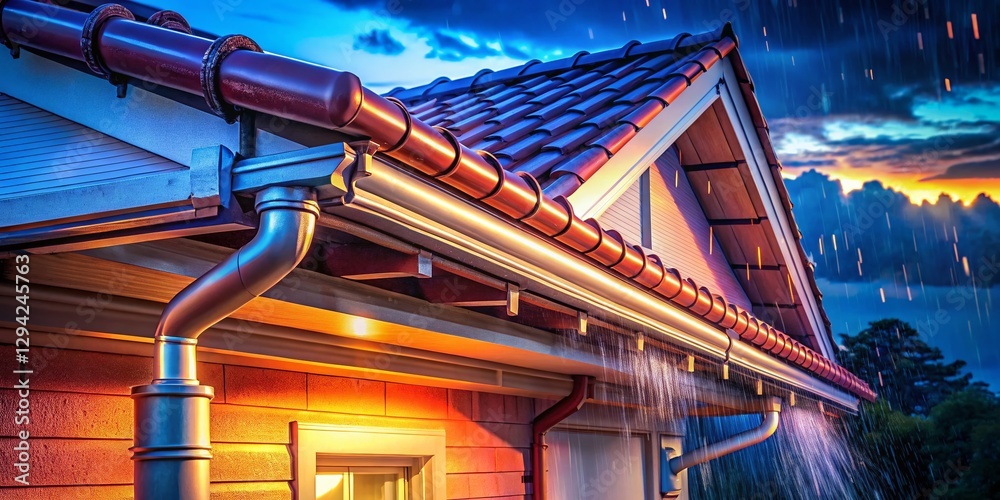 Nighttime Gutter Repair: Close-up of Rain Gutter Joint, Joiner, Brackets & Hangers Preventing Leaks Nighttime Gutter Repair: Close-up of Rain Gutter Joint, Joiner, Brackets & Hangers Preventing Leaks
