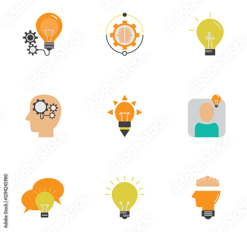 Set of vector icons representing an idea like light bulbs and brain with white background