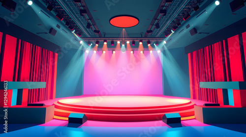 Red stage lights, pink background, colorful spotlights, empty performance space, dramatic lights, concert venue, theater atmosphere photo