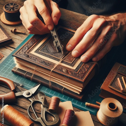 Bookbinding A bookbinder carefully sewing and gluing pages toget