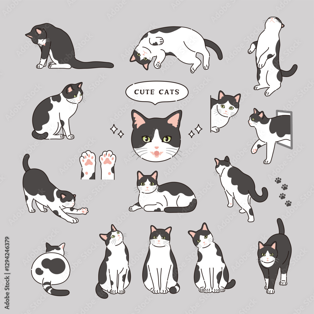 Obraz premium 線ありのかわいい白黒猫のイラスト