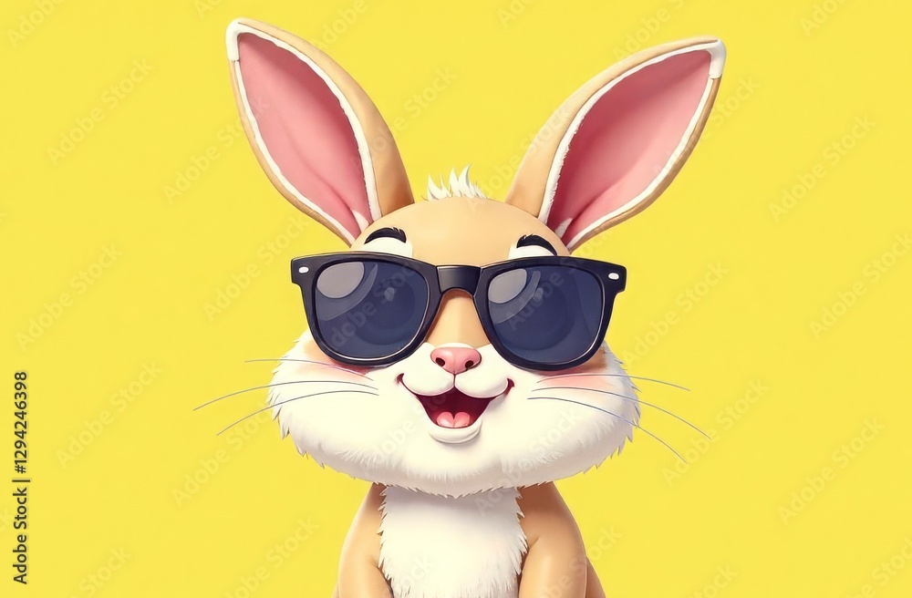 Fototapeta premium Illustration of the muzzle of a red rabbit wearing sunglasses on a yellow background. Happy Easter. Creative
