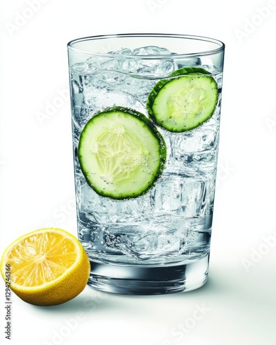 Refreshing Citrus and Cucumber Beverage in a Glass with Ice Cubes and Lemon Slice
