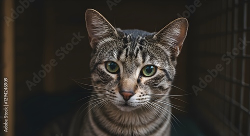 Tabby cat portrait with intense green eyes in low light. Close-up view of domestic feline face. Pet photography capturing curious expression. Animal companionship concept.