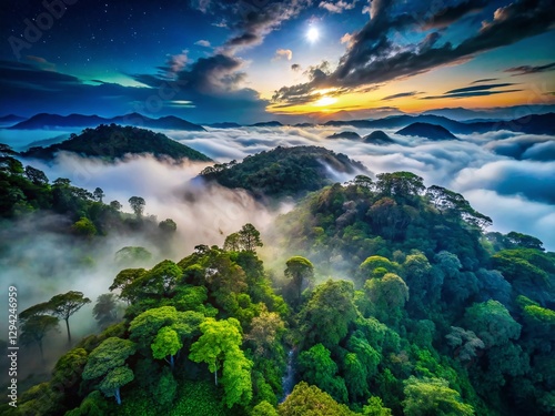 Ecuadorian Andes: Aerial Night View of Fog-Shrouded Amazon Rainforest Foothills