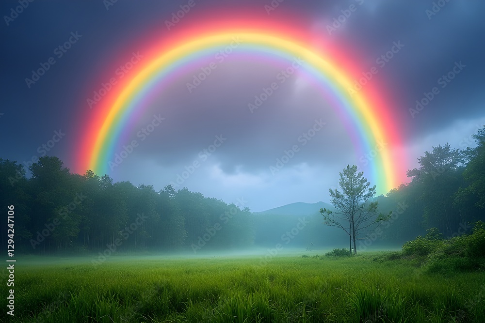Naklejka premium Majestic Rainbow Arcs Over Misty Field and Forest