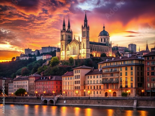 Notre-Dame de Fourvière Basilica, Lyon, France: Panoramic View of Saône River and Old Town