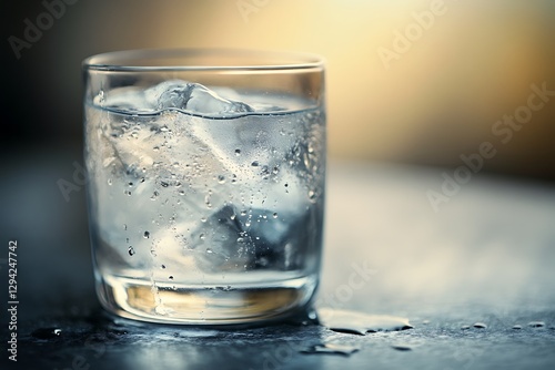 A glass of ice cold water with condensation on a table