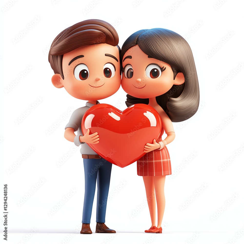 A cute animated couple holds a large red heart, symbolizing love and affection in a playful, colorful style. A cute animated couple holds a large red heart, symbolizing love and affection in a playful, colorful style.