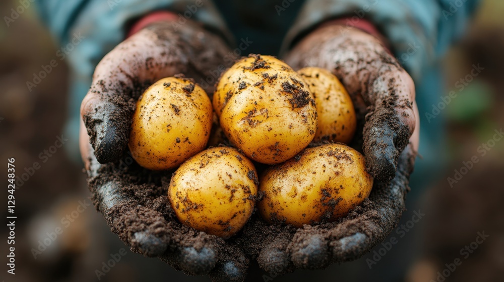 A farmer's hands holding freshly dug potatoes covered in soil, realistic textures A farmer's hands holding freshly dug potatoes covered in soil, realistic textures