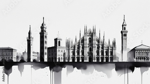 Timeless Milan: A Black and White Watercolor Skyline