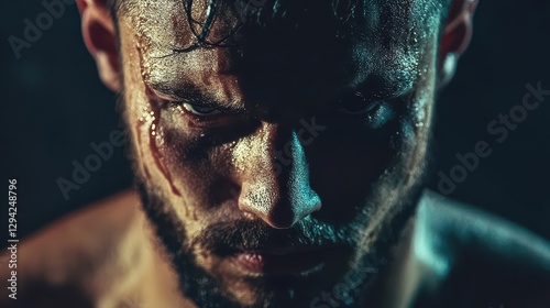 Portrait of an Intense Man Reflecting Struggles with Toxic Masculinity and Aggression in a Dark Environment