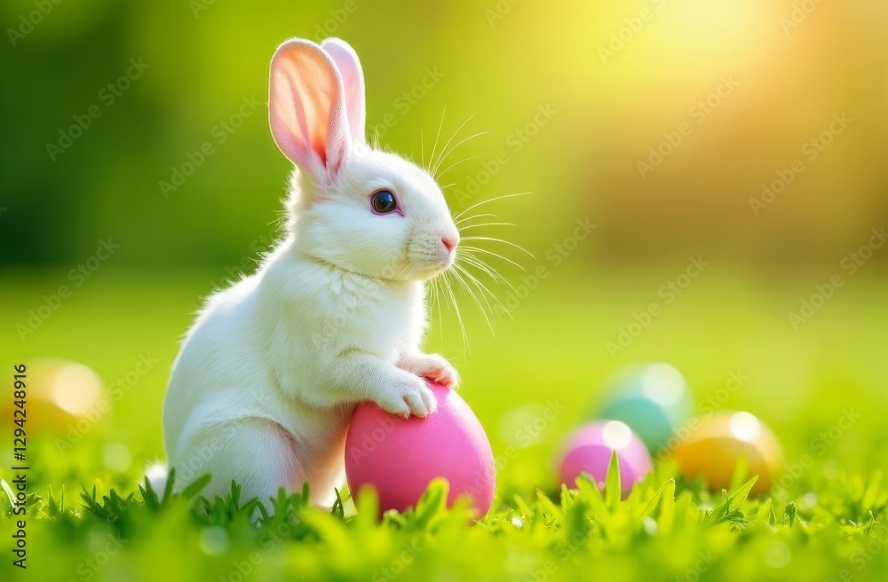 Fototapeta premium A small white fluffy rabbit is sitting on the green grass among the scattered Easter colorful eggs, with its front paws on a pink egg. Happy Easter