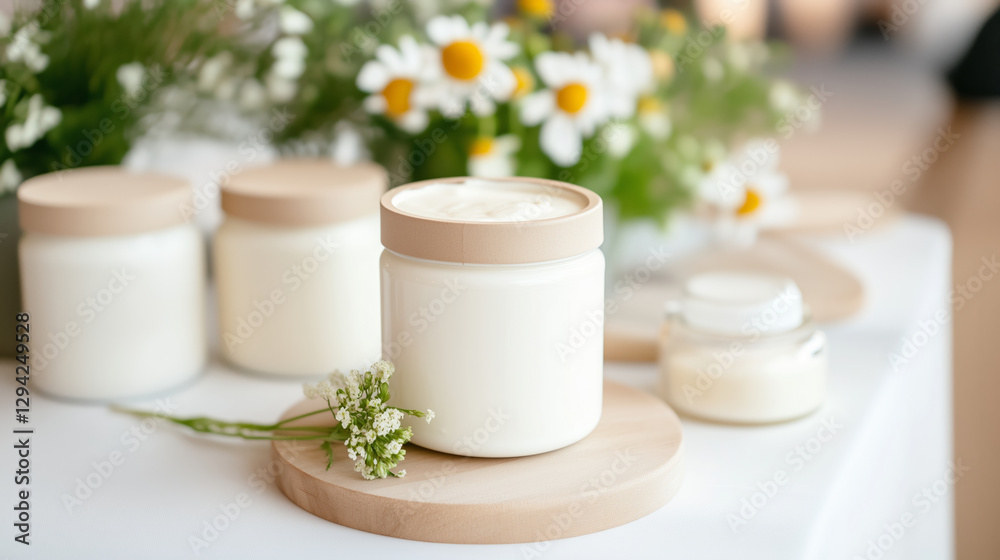 Creamy dairy product displayed with flowers and jars