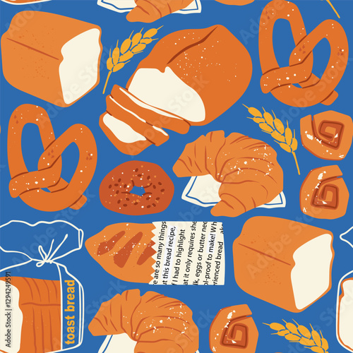 Various fresh bread. Different bakery products. Whole grain, sliced toast bread, cinnabon, bagel bun, pretzel, croissant. Healthy organic pastry food. Hand drawn Vector seamless Pattern, wallpaper