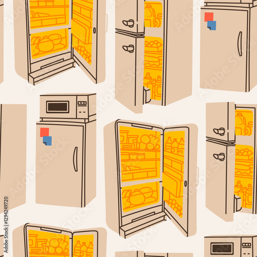 Fridge set. Open and closed Refrigerator with food, sticker, microwave oven. Unique modern style. Hand drawn trendy Vector illustration. Square seamless Pattern, background, wallpaper