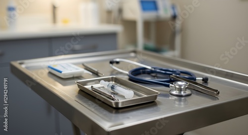 Medical instruments on stainless steel tray in hospital examination room. Healthcare equipment for patient checkup. Doctor's tools for diagnosis and treatment. Clinical setting.