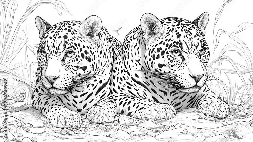 Obraz premium Artistic illustration of two leopards resting, showcasing intricate detailing and a serene atmosphere.