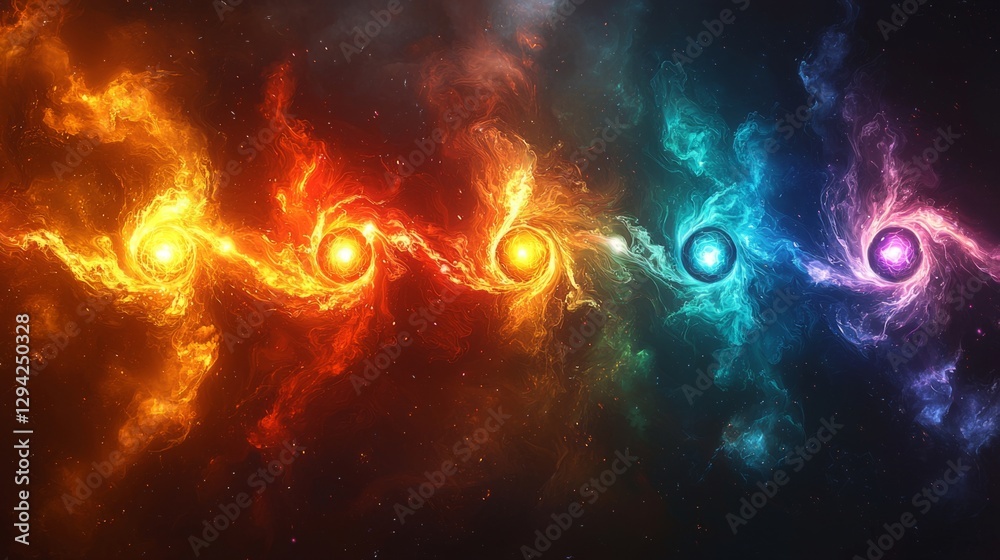 An abstract representation of chakra energy, with each chakra point glowing in its color--red, orange, yellow, green, blue, indigo, and violet--connected by swirling energy lines An abstract representation of chakra energy, with each chakra point glowing in its color--red, orange, yellow, green, blue, indigo, and violet--connected by swirling energy lines