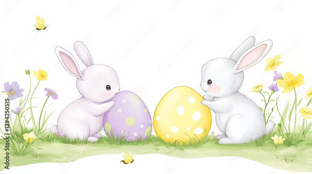 Obraz premium Adorable Easter Bunnies with Painted Eggs – Cute Spring Illustration for Festive Designs, perfect for children's book illustration 