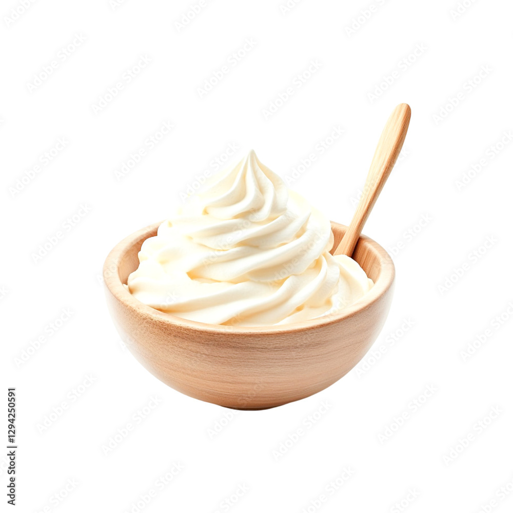 Creamy Whipped Topping in Wooden Bowl Delicious Dessert Spooned Treat Creamy Whipped Topping in Wooden Bowl Delicious Dessert Spooned Treat