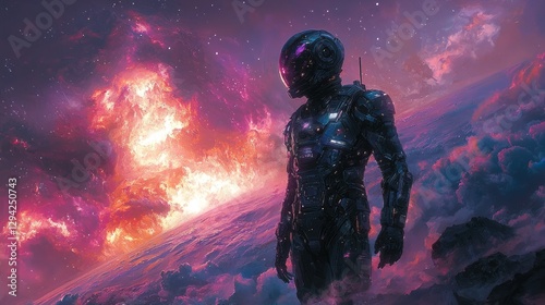 An alien with a metallic, robotic body and iridescent armor, standing on a distant moon with swirling energy fields and alien flora around them photo