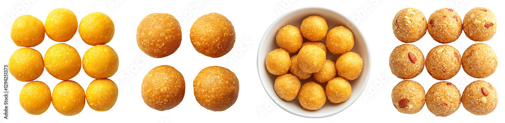 Collection of besan laddus top view isolated on transparent background Collection of besan laddus top view isolated on transparent background