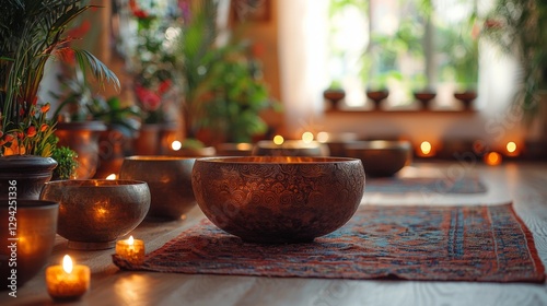 Group sound bath, creating a shared sense of calm, singing bowls, soft lights, healing energy