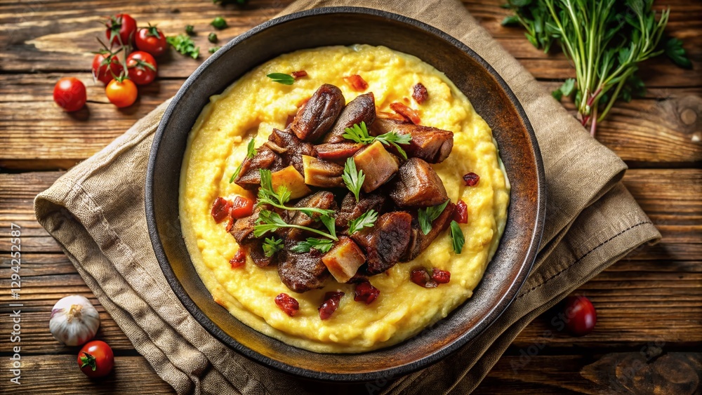 Overhead Shot of Creamy Polenta with Roasted Capretto, Rustic Italian Feast Overhead Shot of Creamy Polenta with Roasted Capretto, Rustic Italian Feast