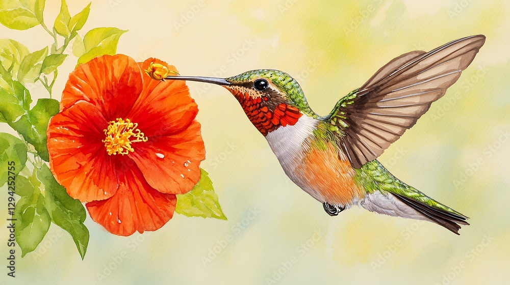 Fototapeta premium Vibrant Hummingbird and Hibiscus Flower Watercolor Painting, Detailed Close-up of Bird Feeding on Red Bloom