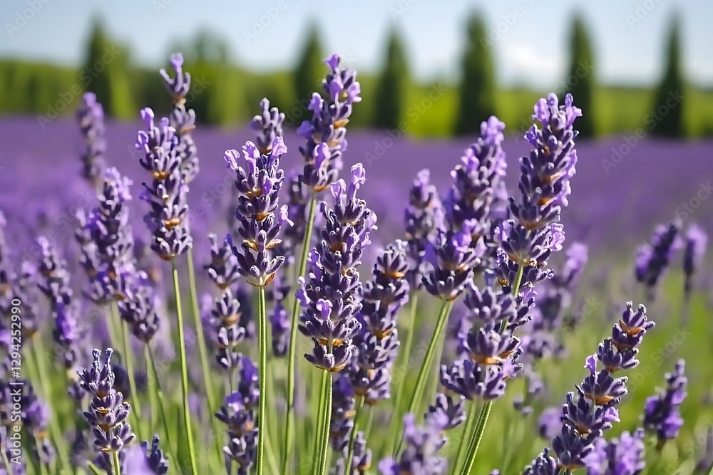 Naklejka premium Lavender Field Blooms Sunlight Summer