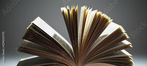 Dynamic motion of book pages flipping dramatically in soft light