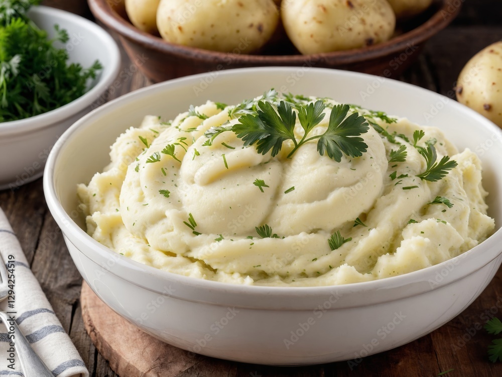 A close-up image of a white bowl filled with creamy mashed potatoes topped with fresh parsley garnish. The bowl is placed on a rustic wooden surface, with whole potatoes visible in the background A close-up image of a white bowl filled with creamy mashed potatoes topped with fresh parsley garnish. The bowl is placed on a rustic wooden surface, with whole potatoes visible in the background