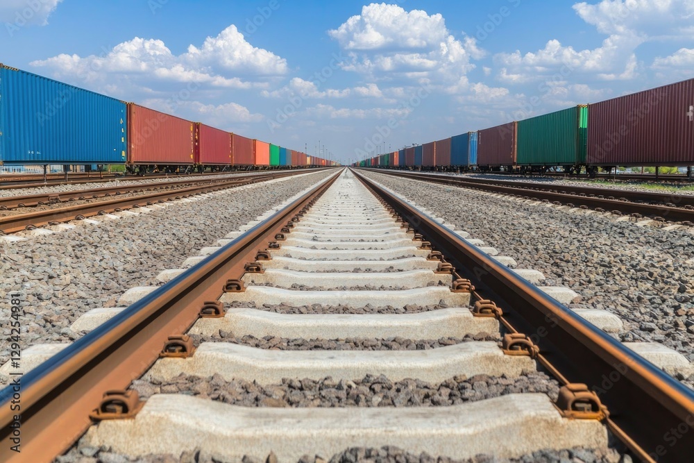 Fototapeta premium Railway tracks stretch into distance, flanked by colorful shippi