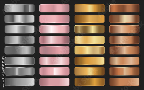 Collection of gold, silver, bronze and rose gold gradients. Brilliant plates with metallic effect. Vector illustration