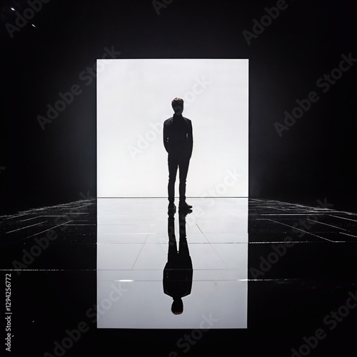The image shows a person standing in front of a bright, rectangular light source, creating a silhouette effect. The floor appears to be glossy and reflective, with a grid pattern, and the overall back