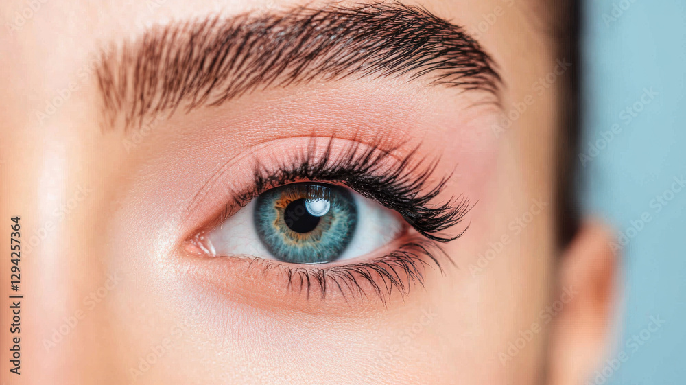 Naklejka premium close up of beautiful eye showcasing vibrant blue iris and long eyelashes, highlighting intricate details of eyelid and brow