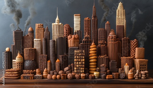 Fototapeta Naklejka Na Ścianę i Meble -  A Chocolate Cityscape With Skyscrapers Made Of Delicious Treats