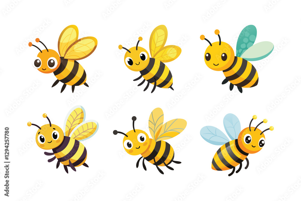 Six Cheerful Cartoon Bees – Vibrant 2D Vector Illustrations for Playful Designs