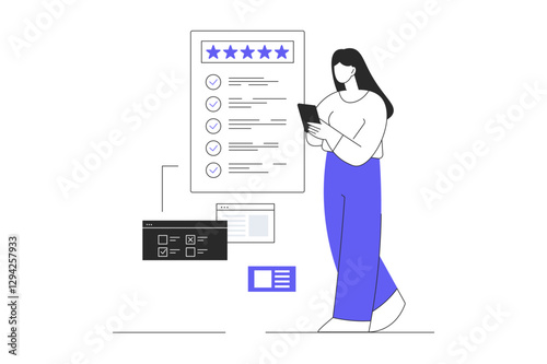 Online survey concept. Woman fill checklist, online survey questionnaire, poll, opinion or customer feedback. Flat Cartoon Vector Illustration, icon. Stylish abstract Flat design for website