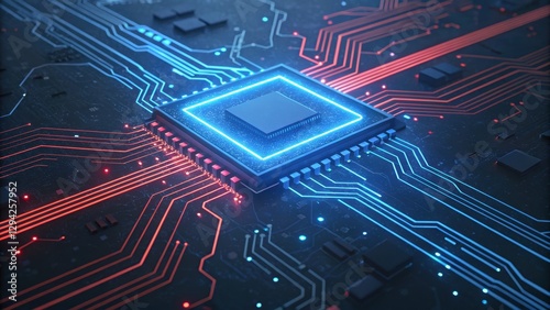 Futuristic microchip on a circuit board with glowing blue and red neon lights. High-tech processor concept for artificial intelligence, computing, and digital innovation