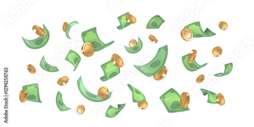 3d dollar notes and gold coins falling. Financial success concept. Vector illustration
