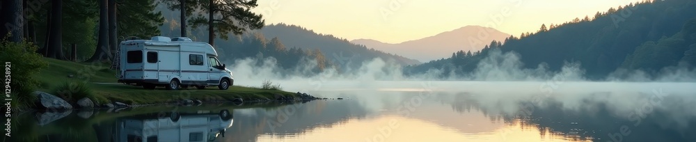Fototapeta premium Morning mist on lake, RV nestled amongst trees, amazing, adventure, tranquil
