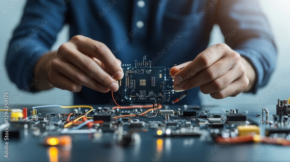 Hands Holding Circuit Board in Electronic Workshop Setting Hands Holding Circuit Board in Electronic Workshop Setting
