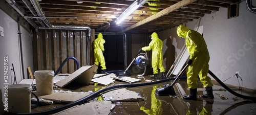 Hazmat team conducting basement flood cleanup in protective gear