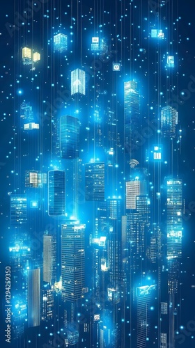 Urban Digital Network: Captivating digital illustration portraying interconnected skyscrapers, shimmering with radiant light and data streams, conveying the essence of a futuristic smart city.