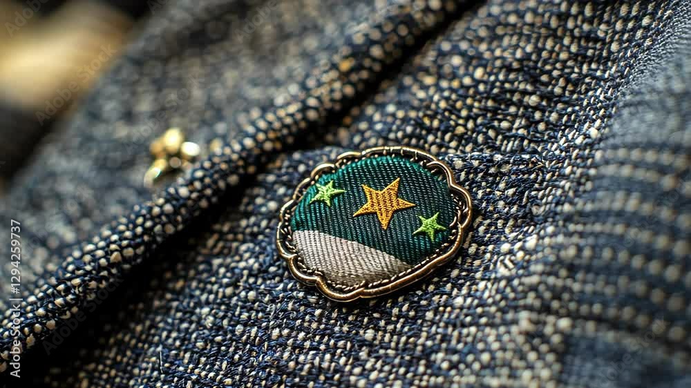 Pin featuring stars and a green design on a textured blue fabric background captured in close-up view