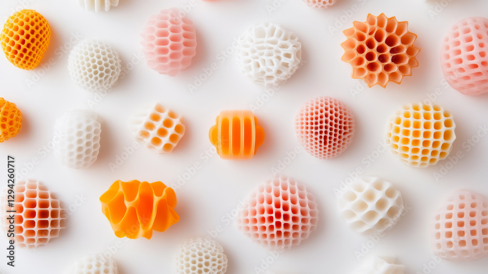 Colorful 3D printed shapes in various textures and patterns, showcasing creativity and design. These unique forms include white, pink, and orange elements, perfect for artistic projects Colorful 3D printed shapes in various textures and patterns, showcasing creativity and design. These unique forms include white, pink, and orange elements, perfect for artistic projects